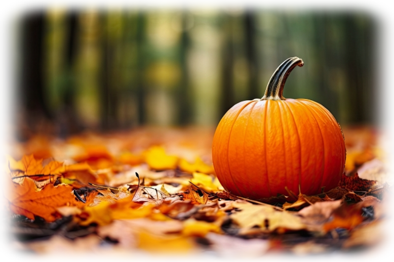 orangefarbener Kürbis, Wald und Herbstblätter